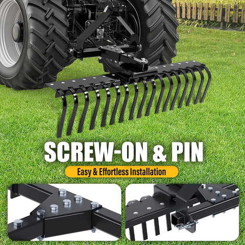 50 Inch Landscape Rake For Category Zero Tractors With Three Point Hitch And Five Position Angle Adjustment, Steel Powder Coated Black