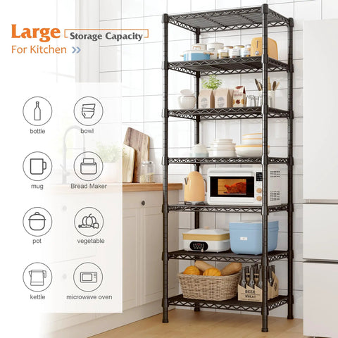 Heavy Duty 7 Tier Metal Shelving Unit Built to Last With 1176 Lbs Total Capacity 71 Inches Tall By 18 Inches Wide By 18 Inches Deep Sturdy Steel Wire Shelves For Garage Kitchen Living Room And Bathroom Storage in kitchen with microwave and containers