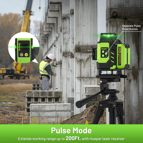 Self Leveling 360 Green Laser Level Kit With 4x 360 Cross Lines in use at construction site, showing pulse mode and worker.