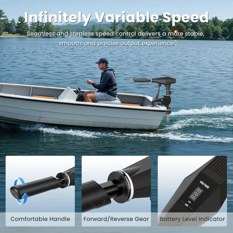 Badass 58 Lbs Brushless Electric Trolling Motor With Stepless Speed Control And 30 Inch Shaft and LED Battery Indicator on boat