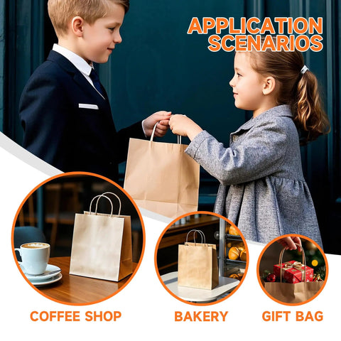 Children exchanging kraft paper gift bags with handles from a bulk pack of 100, ideal for retail, grocery, party favors, weddings.