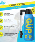 Quick Fix Tire Sealant And Inflator 2 Pack with blue can, visible adapter, promotes fast sealing for bikes on the go.