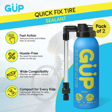 Quick Fix Tire Sealant And Inflator 2 Pack with blue can, visible adapter, promotes fast sealing for bikes on the go.