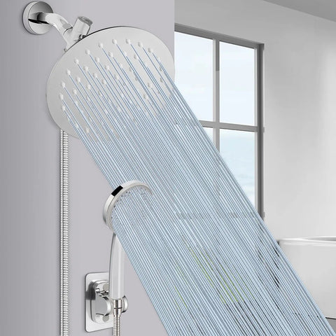 High-Pressure 8 Inch Rain Shower Head With Hose And 5-Setting Handheld Sprayer in stainless steel chrome finish in bathroom