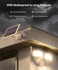 Onforu 36W Solar LED Security Lights, PIR Motion Sensor Outdoor for Yard mounted on wall in rain with solar panel.