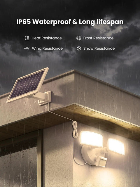 Onforu 36W Solar LED Security Lights, PIR Motion Sensor Outdoor for Yard mounted on wall in rain with solar panel.