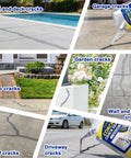 Pro Grade Concrete Crack Filler Kit With High Elasticity Self Leveling Cement showing various crack repairs in driveways and patios