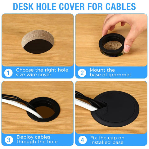 Step-by-step guide of Heavy Duty 2 Inch Desk Grommet And Cord Hole Cover White Abs Cable Pass Through Insert installation on desk.