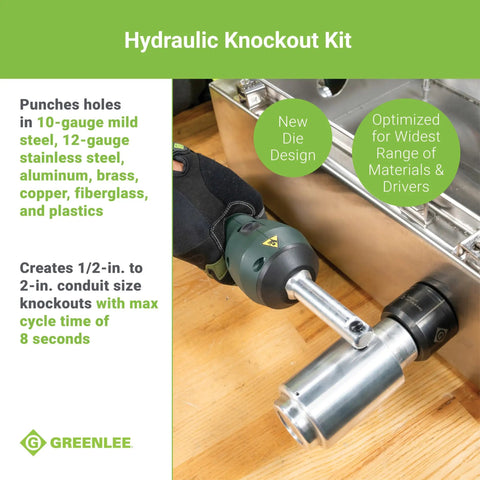 11 Ton Battery Hydraulic Knockout Punch Kit With Slugbuster for Half Inch to Two Inch Conduits, showcasing ergonomic hand operation.