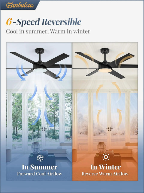 Diagram of 56 Inch Ceiling Fan With Lights And Remote Reversible 6 Blade DC Motor illustrating airflow for summer and winter.