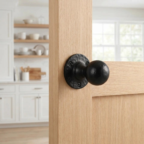 Heavy Duty Barn Door Pull Handles Set Black Round Ball Knobs Cast Iron Sliding Hardware Vintage Distressed Finish Rustic Interior Renovations 2 Pack Easy Drop In Installation Ergonomic Grip on wooden door