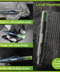 Heavy Duty Woodworking Scribe Tool Set With Deep Hole Marking Pen And Replacement Leads, lead dispenser showing graphite leads and pocket clip.