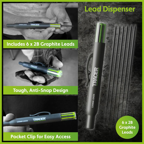 Heavy Duty Woodworking Scribe Tool Set With Deep Hole Marking Pen And Replacement Leads, lead dispenser showing graphite leads and pocket clip.