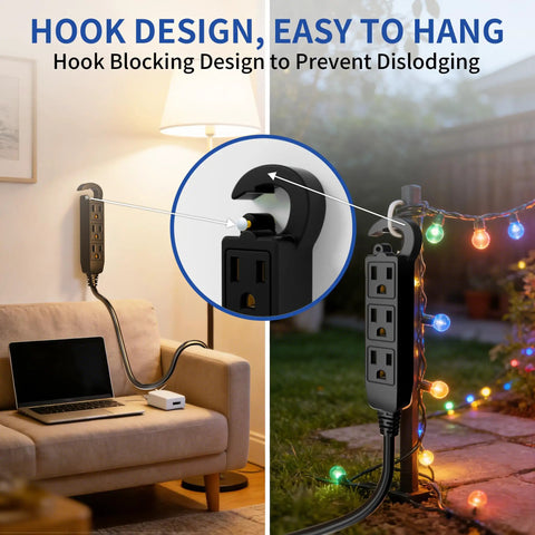 15 Ft Outdoor Extension Cord With 3 Outlets Waterproof for garden or indoor use, shown hanging next to lamp and outdoor lights.