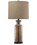 Ombre Glass Table Lamp With White Drum Shade And Silver Finish 28 Inch Tall Modern Bedside Or Vanity Light, brown base