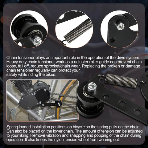 Spring Loaded Chain Tensioner For 49cc 66cc And 80cc 2 Stroke Motorized Bikes With Adjustable Guide Wheel, close-up view