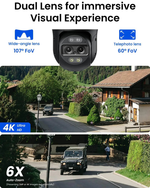 Power Over Ethernet PTZ Security Camera System With 4K Dual Lens 6X Hybrid Zoom, visual demo of wide and telephoto lenses.
