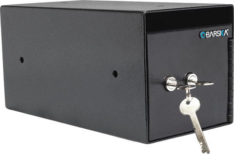 Double Key Lock Depository Safe With Drop Slot For Cash And Valuables, Steel Construction, side view showing lock and keys