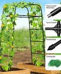 7ft Garden Arch Trellis for Climbing Plants with metal frame, screw fixation, and climbing net in raised beds for vines.