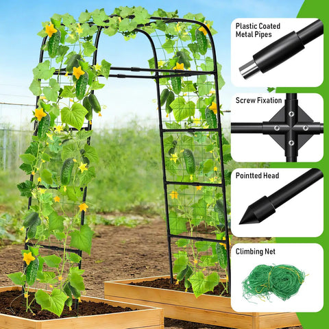 7ft Garden Arch Trellis for Climbing Plants with metal frame, screw fixation, and climbing net in raised beds for vines.