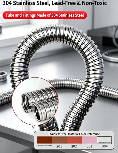 Tough As Nails 304 Stainless Steel Flexible Conduit heavy duty tubing with fittings shown for electrical wiring protection.