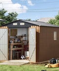 Heavy Duty Steel Garden Shed With Lockable Door And Clear Window in backyard, showing interior storage and lawn tools, rust-resistant design