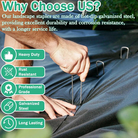 Person using Heavy Duty Landscape Stakes Kit 100 Pack In 4 Inch 6 Inch 8 Inch And 10 Inch 11 Gauge Galvanized Staples For Weed Barrier Fabric Irrigation Tubing Fence And Garden Edging Ready To Tackle Lawn And Yard Fixes to secure fabric with visible features and icons.