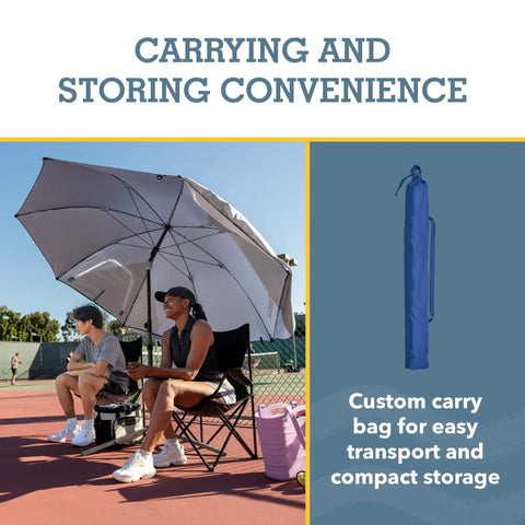 Blue 8 Foot Canopy Shelter With UPF 50 Plus Sun And Rain Protection Two Patented Side Panels For Privacy over seating area