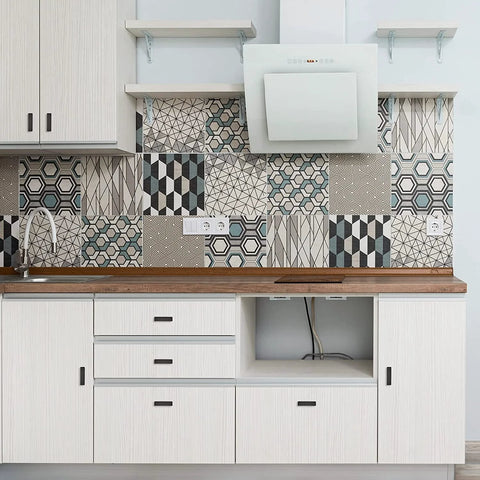 Modern kitchen with patterned backsplash, white cabinets, and 10 Pack Black Square Bar Cabinet Knobs 2 Inch Matte Black Single Hole Kitchen Cabinet Pulls.