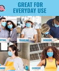 Top Shelf 3 Layer Disposable Face Masks, Individually Wrapped 50 Pack, worn by people in various activities like shopping and exercising.
