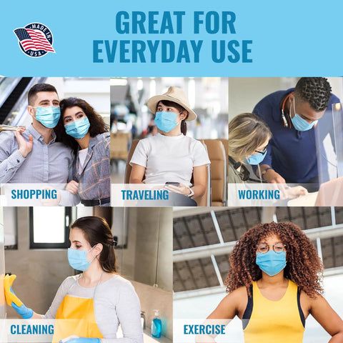 Top Shelf 3 Layer Disposable Face Masks, Individually Wrapped 50 Pack, worn by people in various activities like shopping and exercising.