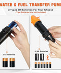 Hella Powerful Battery Fuel Siphon Pump With Slick High Suction Motor For Darn Smooth Gas Oil Water Diesel Transfer And No Drama Portable Operation In Vibrant Orange Color showing battery options.