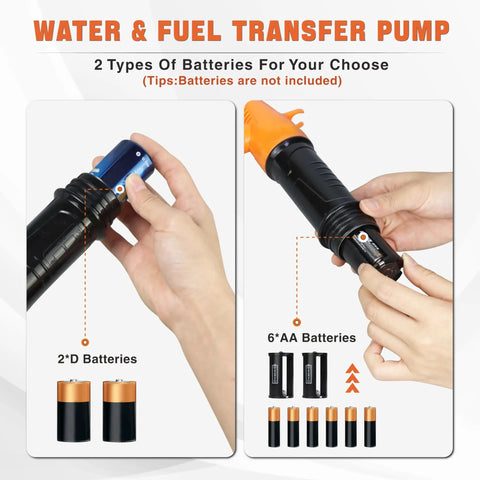 Hella Powerful Battery Fuel Siphon Pump With Slick High Suction Motor For Darn Smooth Gas Oil Water Diesel Transfer And No Drama Portable Operation In Vibrant Orange Color showing battery options.