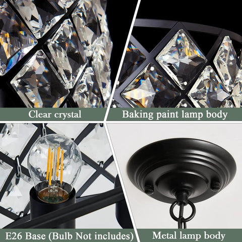 Close-up of Three Light Modern Crystal Chandelier in Black Metal Farmhouse Pendant Light showing crystal design and E26 base details.