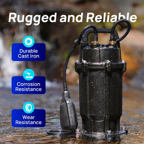 1 HP Sewage Grinder Pump With 4200 GPH Flow 2 Inch Discharge Cast Iron Submersible Sump Pump With Auto Float Switch