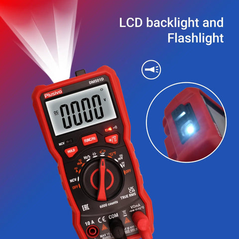 6000 Counts Digital Multimeter Auto Ranging TRMS with backlight and flashlight feature shown on display.