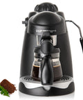 Professional Espresso Maker With Built In Milk Frother And Clear Glass Carafe, reliable 3.5 bar pump, black design, brewing espresso.