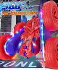 Spider Themed RC Car For Kids 4-8, 2.4GHz with LED lights and 360-degree flip, outdoor view, children’s toy car with spider design