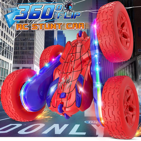 Spider Themed RC Car For Kids 4-8, 2.4GHz with LED lights and 360-degree flip, outdoor view, children’s toy car with spider design