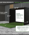 DIY Home Golf Simulator Enclosure Kit With Impact Screen Surround And Cushioned Padding For Indoor Practice Budget Friendly Setup Poles Not Included 10 Ft 10 In By 8 Ft 4 In By 5 Ft shown with dimensions and screen details in a room setup.