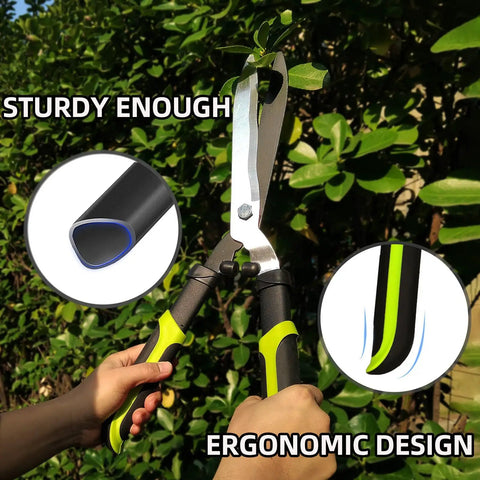 Three Piece Yard Tools Set With Loppers Hedge Clippers And Pruners For Easy No Fuss Tree Trimming 19 Inch Hedge Shears in use