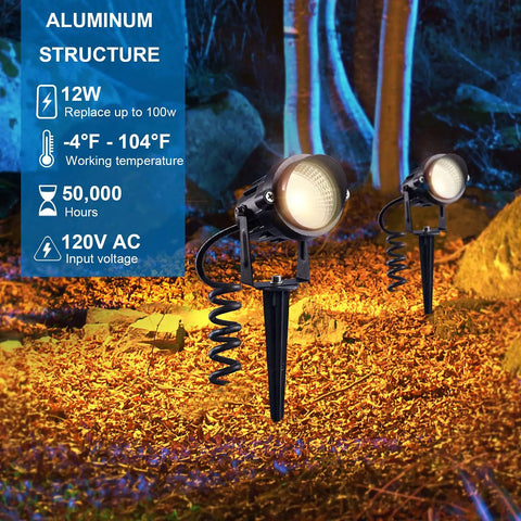 Outdoor LED Landscape Spotlights 12W 120V Waterproof With Spike Stakes For Garden Path And Tree Lighting illuminating a garden at night
