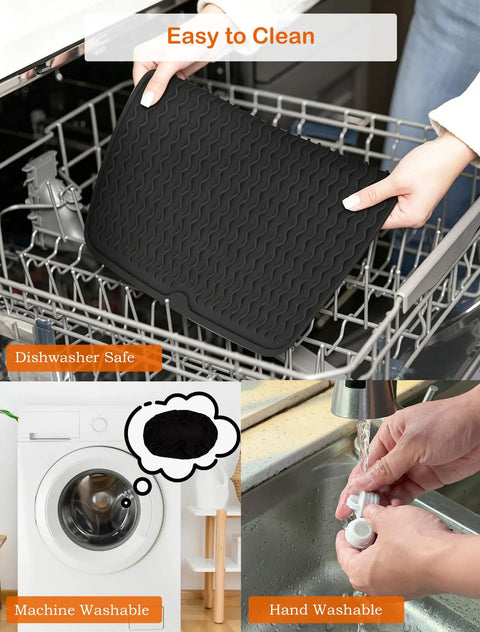 CPAP Protector Mat And Dust Cover Set With 2 Hose Plugs waterproof nightstand pad being washed in dishwasher, washing machine, and sink