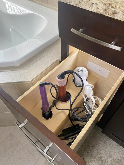 In Drawer Outlet With Cord Management Arm And USB A Ports Two 15 Amp Outlets Fits Narrow And Shallow Drawers Tamper Resistant