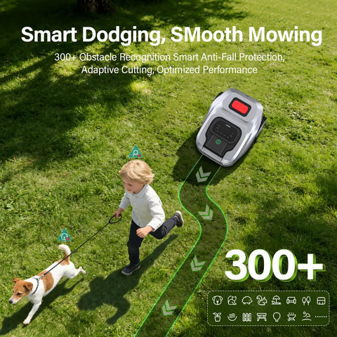Next Level Robotic Lawn Mower With Vision AI And RTK Zero Edge Cutting Auto Mapping shown avoiding child and dog on grass