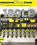 Front view of power tool organizer with charging station, wall-mounted shelf, eight outlet power strip, storing various tools.
