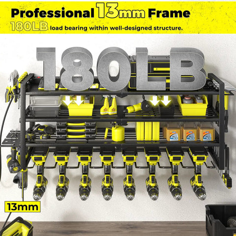 Front view of power tool organizer with charging station, wall-mounted shelf, eight outlet power strip, storing various tools.