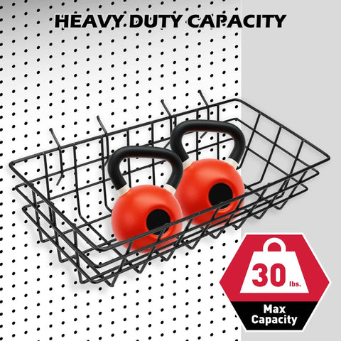 5 Piece Pegboard Baskets Set Heavy Duty Black Metal Wire Organizer Bins holding kettlebells, mounted on pegboard wall