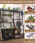 Garage Sports Equipment Organizer With Beefy Heavy Duty Ball Holder, toys, skateboards, yoga props, and storage bins visible