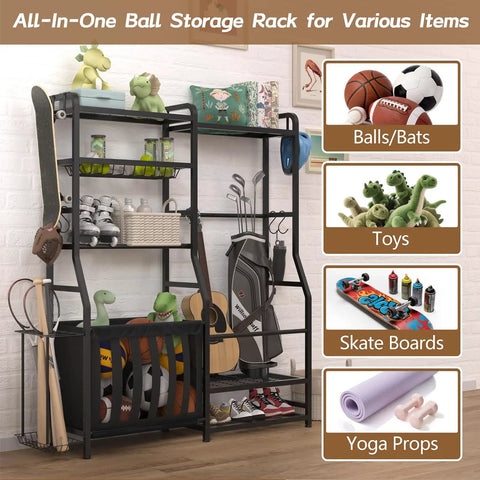 Garage Sports Equipment Organizer With Beefy Heavy Duty Ball Holder, toys, skateboards, yoga props, and storage bins visible
